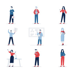 Trendy set of various cartoon people. Flat vector illustrations of man and woman standing, smoking and teaching. Activity and lifestyle concept for banner, website design or landing web page