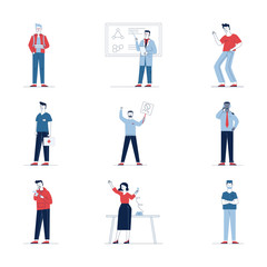 Set of various cartoon people. Flat vector illustrations of man at meeting. Doctor, teacher and scientist. Everyday activity and lifestyle concept for banner, website design or landing web page