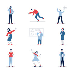 Fototapeta na wymiar Big set of diverse cartoon people. Flat vector illustrations of man and woman standing, falling, dancing. Everyday activity and lifestyle concept for banner, website design or landing web page