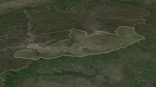 Qacha's Nek, district with its capital, zoomed and extruded on the satellite map of Lesotho in the conformal Stereographic projection. Animation 3D