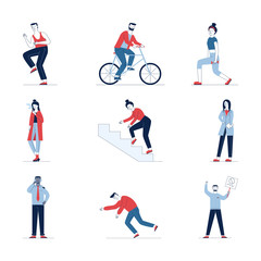 Fototapeta na wymiar Creative set of different cartoon people. Flat vector illustrations of man and woman smoking, stumbling and cycling. Activity and lifestyle concept for banner, website design or landing web page