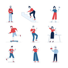 Trendy collection of different cartoon people. Flat vector illustrations of man and woman jogging, crossing arms, skating. Activity and lifestyle concept for banner, website design or landing web page