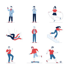 Fototapeta na wymiar Big set of various cartoon people. Flat vector illustrations of man and woman stumbling, smoking and playing. Activity and lifestyle concept for banner, website design or landing web page