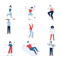 Fototapeta na wymiar Creative set of various cartoon people. Flat vector illustrations of man and woman falling, smoking, and meeting. Activity and lifestyle concept for banner, website design or landing web page
