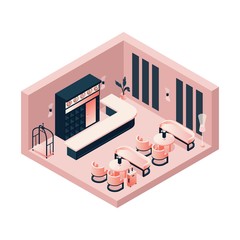 Isometric lobby, reception, lounge in pink pastel color with a hotel card or trolley, tables and chairs. Interior concept scene