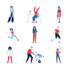 Fototapeta na wymiar Big set of different cartoon people. Flat vector illustrations of man and woman standing in protest, smoking. Activity and lifestyle concept for banner, website design or landing web page