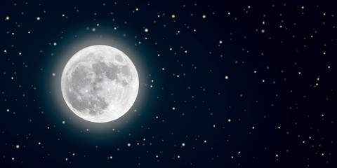 Realistic vector full moon in the starry sky in the dark. banner with highlighted place for text