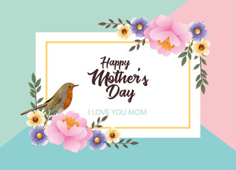 happy mothers day card with flowers and bird square frame
