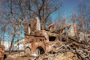 Abandoned ruins of a residential brick apartment building from the Second World War