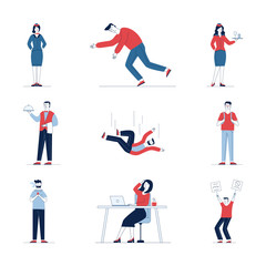 Fototapeta na wymiar Collection of various cartoon people. Flat vector illustrations of man and woman stumbling, sitting, standing. Everyday activity and lifestyle concept for banner, website design or landing web page