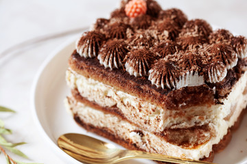 Tiramisu dessert on white plate, close up