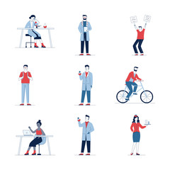 Fototapeta na wymiar Trendy collection of various cartoon people. Flat vector illustrations of man and woman cycling, sitting, standing. Activity and lifestyle concept for banner, website design or landing web page