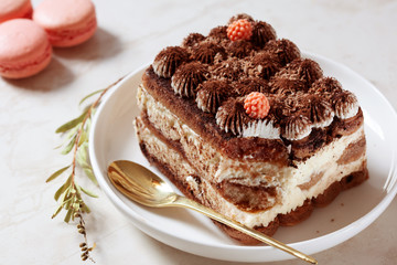Tiramisu dessert on white plate, close up