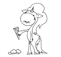 Coloring book for kids - unicorn dropped the ice cream. Black and white cute cartoon unicorns. Vector illustration.