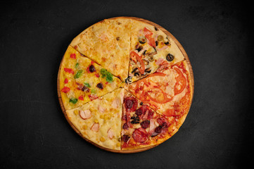 pizza on a black background, assorted in one pizza, assorted pizza