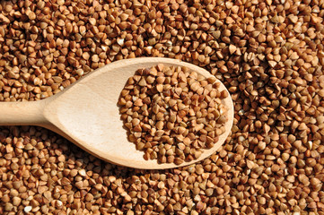 buckwheat on a plate and spoon isolated background