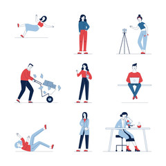 Fototapeta na wymiar Big collection of various cartoon people. Flat vector illustrations of man and woman waving, falling, looking. Activity and lifestyle concept for banner, website design or landing web page