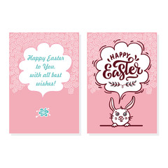 Concept Lettering hand drawn on pink background with curly pattern. A cartoon character bunny dreaming of a happy Easter. A ready-to-use template for a greeting card or poster.