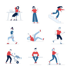 Fototapeta premium Modern collection of various cartoon people. Flat vector illustrations of man and woman stumbling, falling, exercising. Activity and lifestyle concept for banner, website design or landing web page