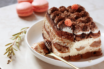 Tiramisu dessert on white plate, close up