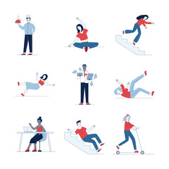 Fototapeta na wymiar Big collection of diverse cartoon people. Flat vector illustrations of man and woman stumbling, sitting, chatting. Activity and lifestyle concept for banner, website design or landing web page