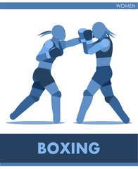 Boxing vector icons. Female match on ring. Pictogram women sport training. Logo. Fight girls. Symbolic image is one of a series. Boxing woman. Isolated on white background. Sports label, symbol. 