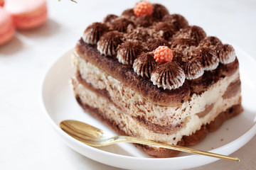 Tiramisu dessert on white plate, close up
