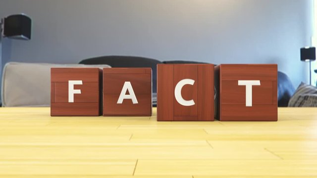 Fake fact spelled out with wooden alphabet blocks, informational background