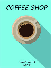  coffee shop or cafe logo with coffee cup of coffee on a table with steam used as a poster