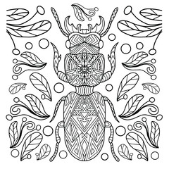 insect and leaves drawn by hand on a white background, coloring, coloring book, insects, nature.
