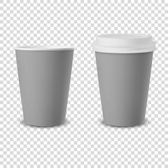 Vector 3d Realistic Gray Disposable Opened and Closed with White Lid Paper, Plastic Coffee Cup for Drinks Icon Set Closeup Isolated on Transparent Background. Design Template, Mockup. Front View