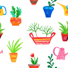 Watercolor set garden flowers, tulips,    watering can, flowerpots, green branches. Spring illustration, for seamless pattern, white background and textile.