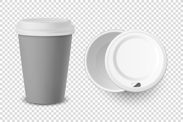 Vector 3d Realistic Gray Disposable Closed and Opened Paper, Plastic Coffee Cup for Drinks with White Lid Set Closeup Isolated on Transparent Background. Design Template, Mockup. Top and Front View