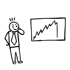 Business stick figure thinking and analysing price behavior. Hand drawn funny illustration in grunge style.