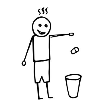 Black and white stick man throwing trash in a dustbin. Hand drawn illustration in grunge style.