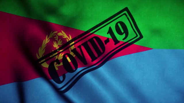 Covid-19 stamp on the national flag of Eritrea. Coronavirus concept