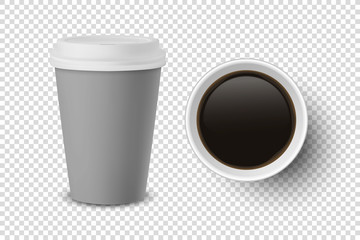 Vector 3d Realistic Gray Disposable Closed and Opened Paper, Plastic Coffee Cup for Drinks with Black Lid Set Closeup Isolated on Transparent Background. Design Template, Mockup. Top and Front View
