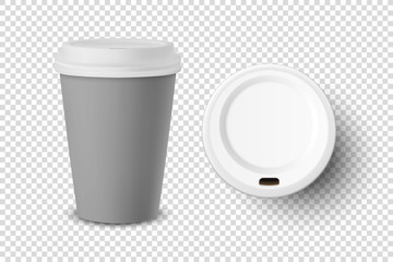 Vector 3d Realistic Gray Disposable Closed Paper, Plastic Coffee Cup for Drinks with White Lid Set Closeup Isolated on Transparent Background. Design Template, Mockup. Top and Front View