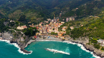 Fototapeta na wymiar Monterosso is a village in the province of La Spezia, which is part of the Liguria region (northern Italy). It is one of the five Cinque Terre villages. aerial view with a drone and travel concept 