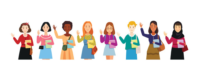 Vector flat illustration of international women's day. Set happy greeting women. Different nationalities female       character.