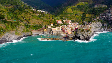 Houses on cliff in Vernazza village popular tourist destination in Cinque Terre National Park a UNESCO World Heritage Site, Vernazza, Liguria, Italy	