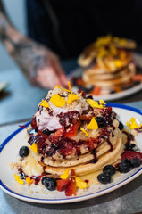 Blueberry pancakes with lemon curd