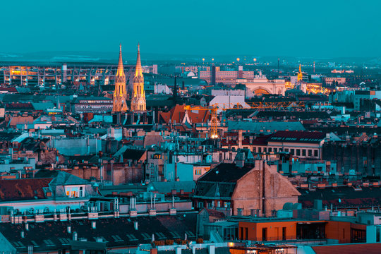 Budapest cityscape and spires of St Elisabeth Church at night. Hungary. Blue hour photo