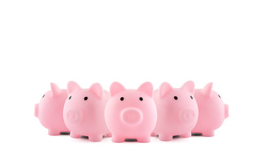 Group of pink piggy banks on white background