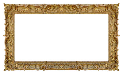 Panoramic golden frame for paintings, mirrors or photo isolated on white background