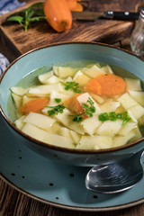 Broth - chicken soup in a bowl.