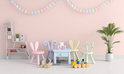 Pink child bedroom interior for mockup, 3D rendering