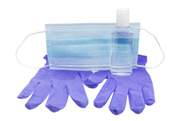 Nose and mouth mask with latex gloves and hydro alcoholic hand gel to prevent covid-19 coronavirus