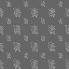 Golden fish seamless pattern. Hand drawing sketch. White outline on grey background. Vector illustration can be used in greeting cards, posters, flyers, banners, logo, further design etc. EPS10