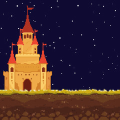 Fototapeta na wymiar Pixel night castle for games and web sites. Castles and fortresses vector icons. Pixel art. Old school computer graphic style.8 bit.